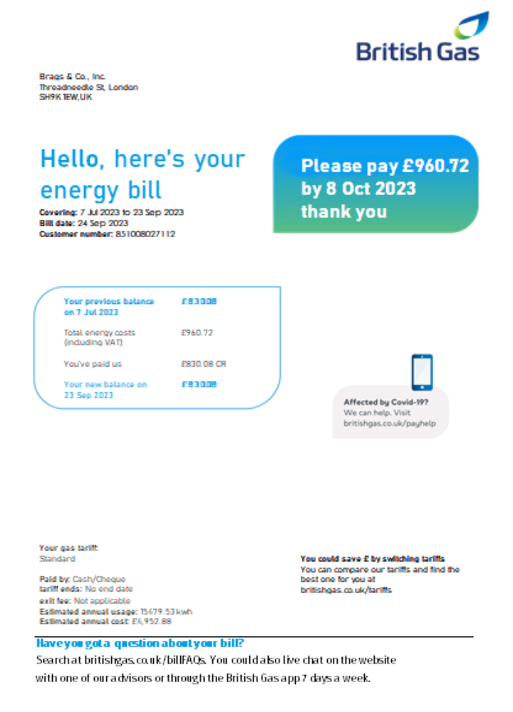 British Gas Energy utility business bill SCR page 1 PSD template